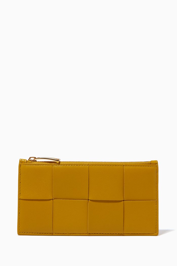 

Zipped Card Case in Intreccio Leather, Yellow