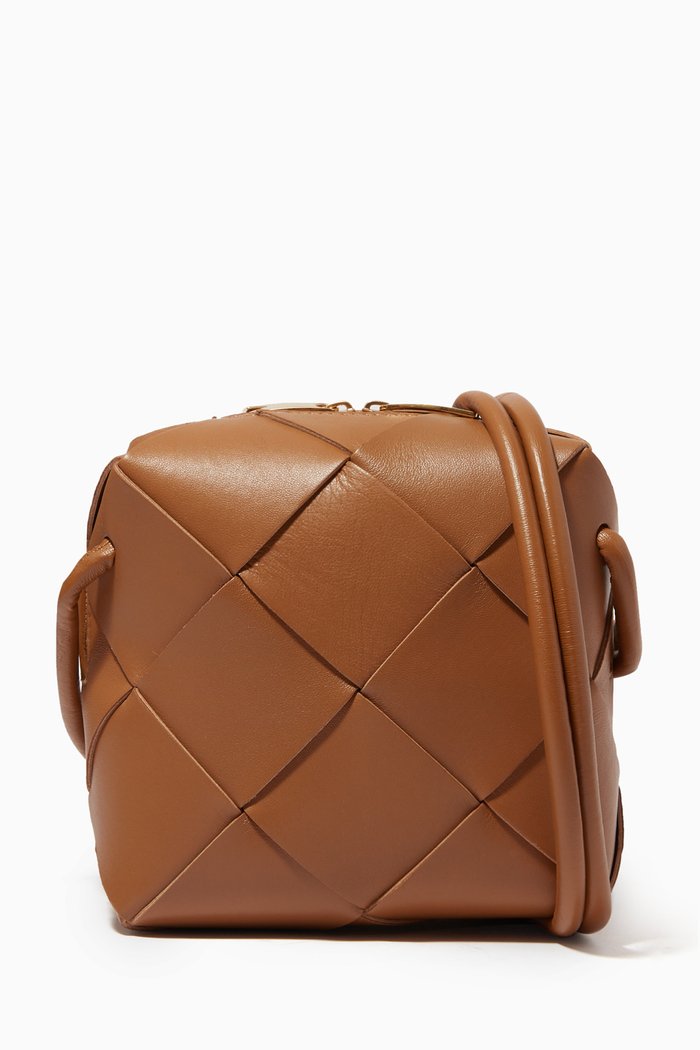

Mini Cassette Bag in Intreccio Leather, Brown