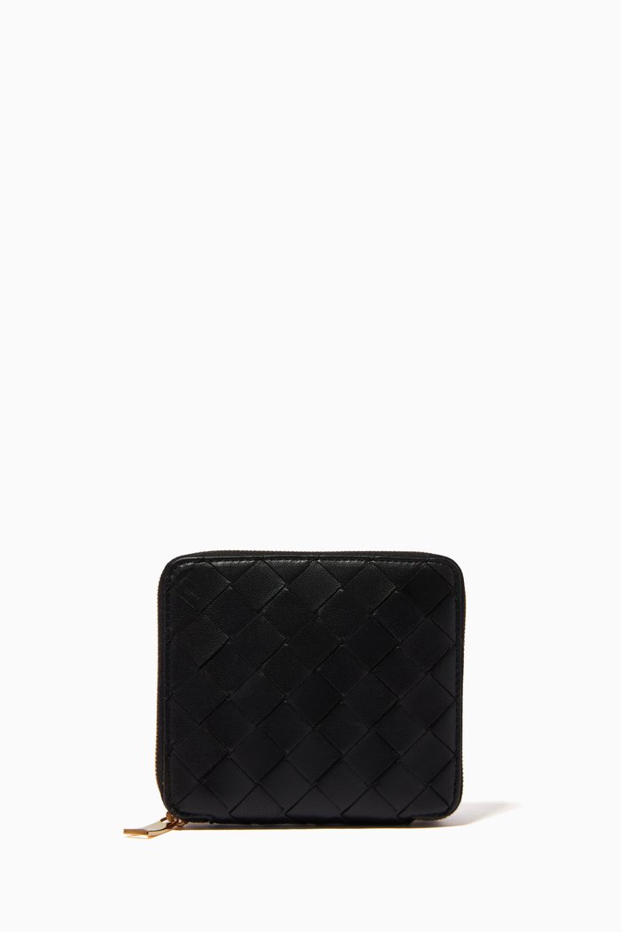 Zip-around Wallet in Intrecciato Leather, Black