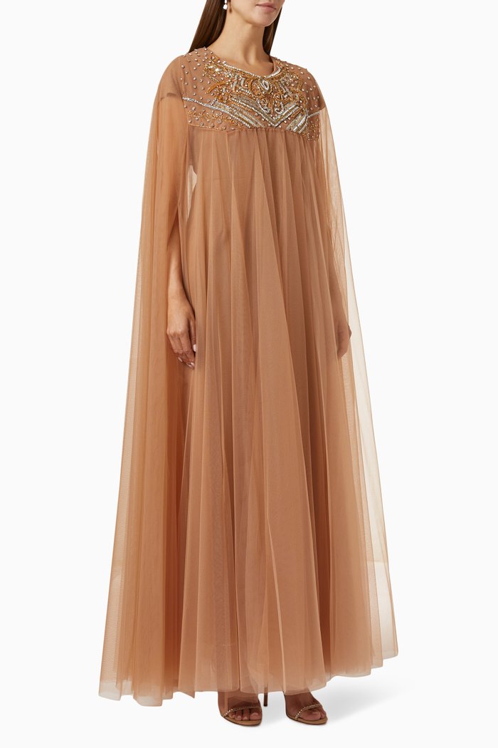 

Bead-embellished Cape & Dress Set in Tulle, Gold