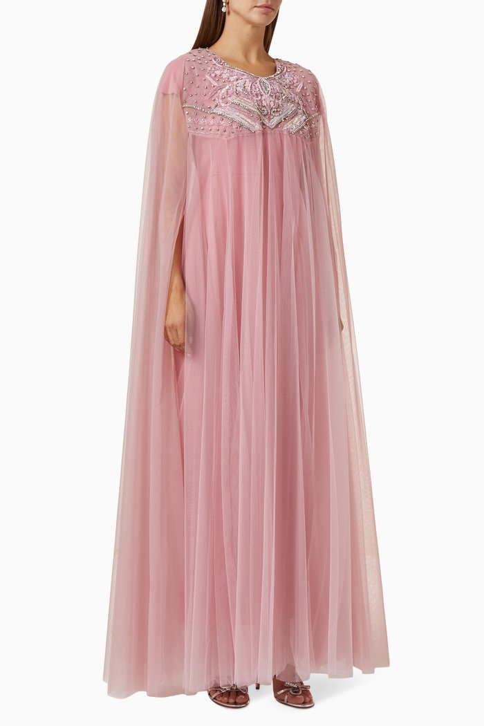 

Bead-embellished Cape & Dress Set in Tulle, Pink