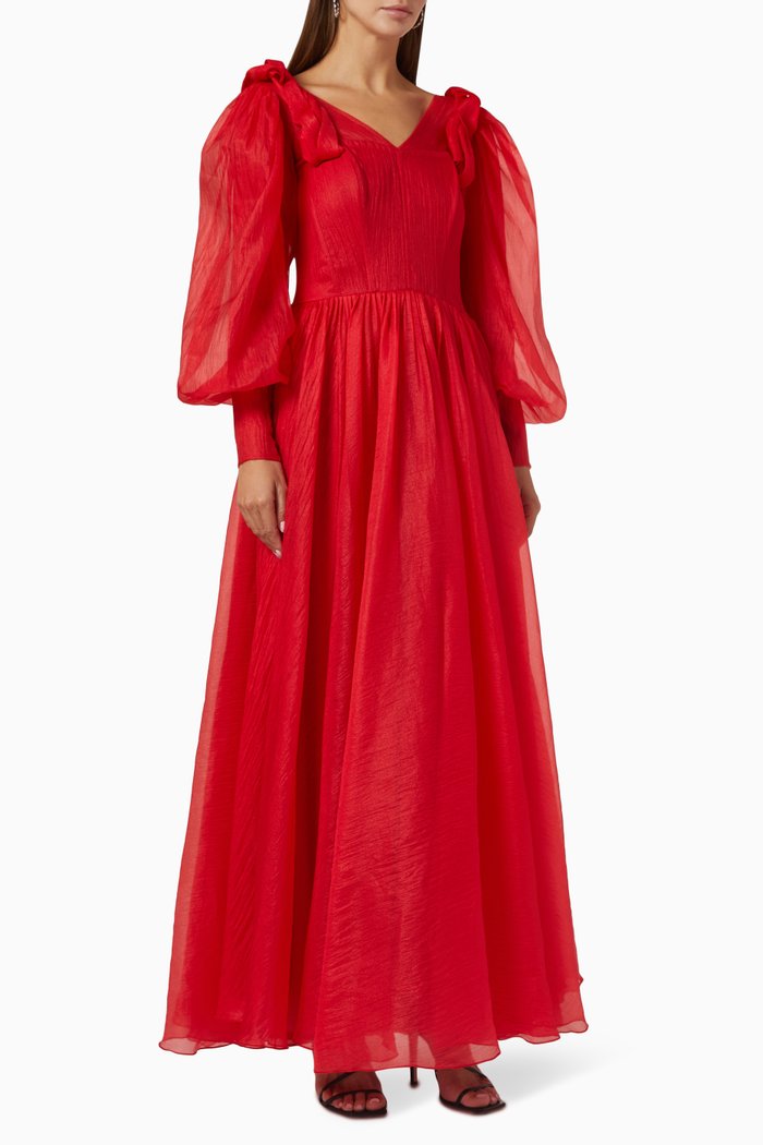 

Puff Sleeve Maxi Dress in Organza, Red