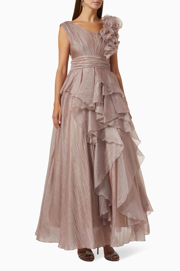 Ruffle Maxi Dress in Organza, Gold