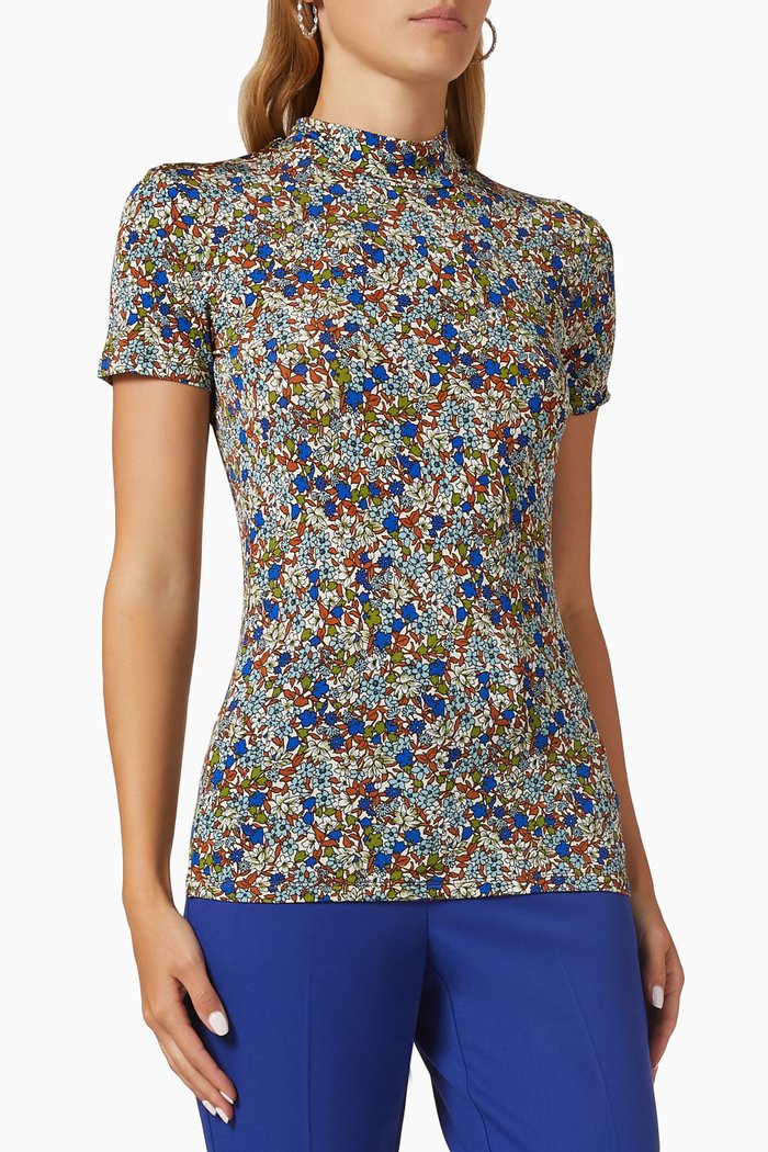 Busseto Floral-print T-shirt in Stretch-jersey, Blue