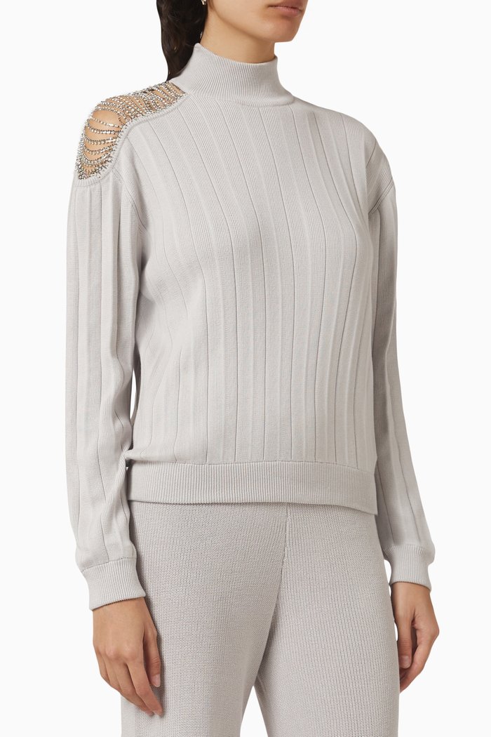

Crystal-embellished Sweater in Cotton-knit, Grey