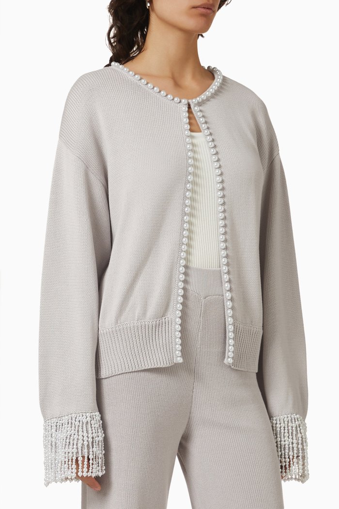 

Pearl-trimmed Cardigan in Cotton-knit, Grey