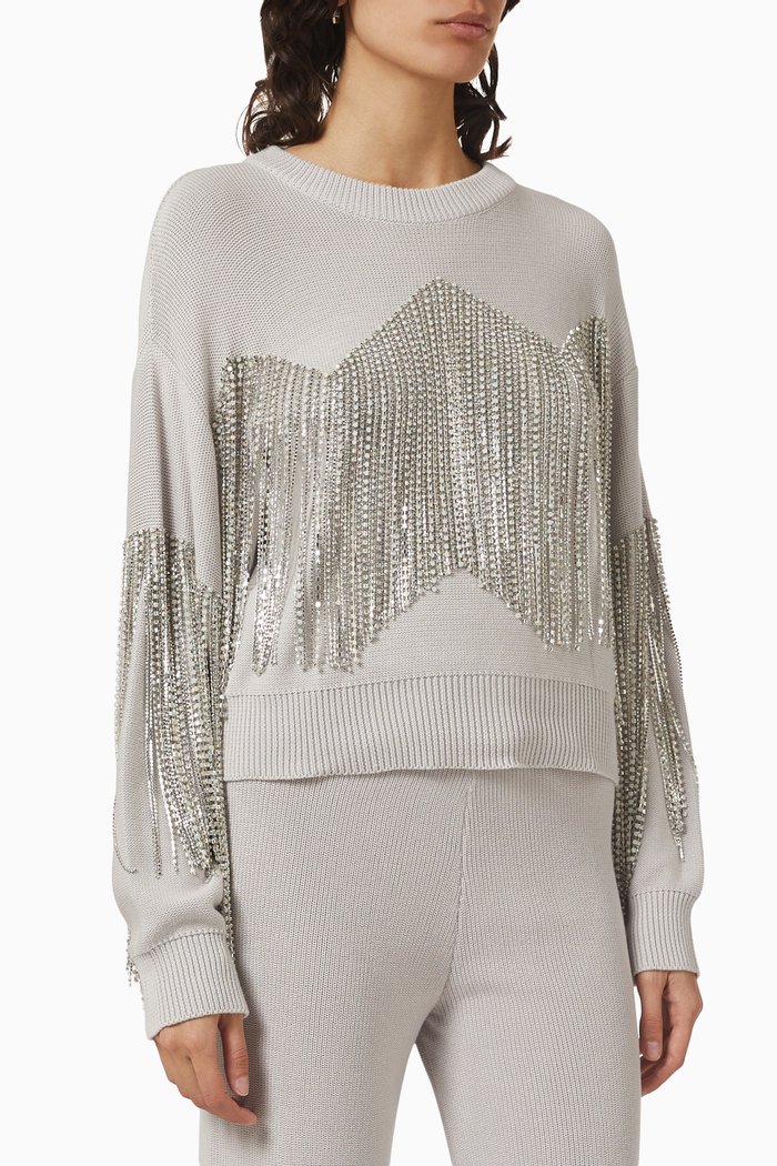 

Embellished Tassel Fringe Sweater in Cotton-knit, Grey