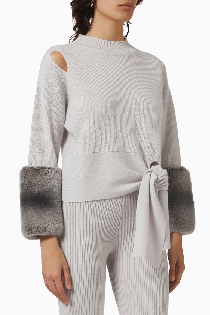 

Chinchilla-cuff Tie Sweater in Merino Wool, Grey