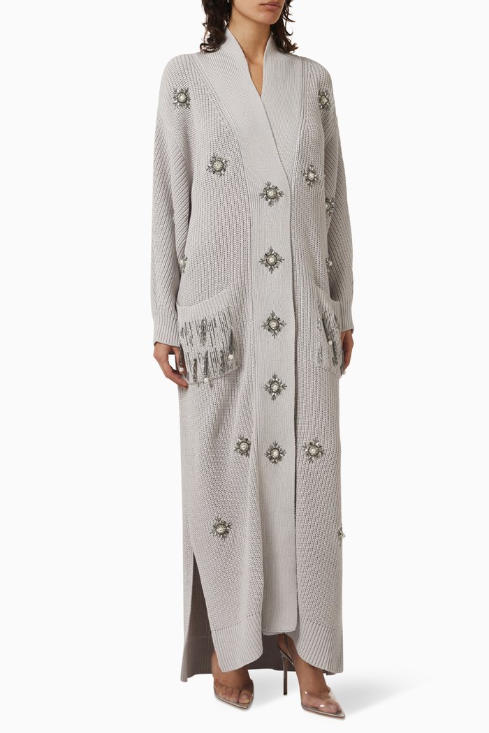 

Embellished Maxi Cardigan in Merino Wool-knit, Grey