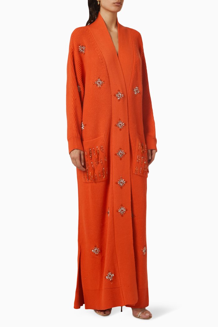 Embellished Maxi Cardigan in Merino Wool-knit, Orange