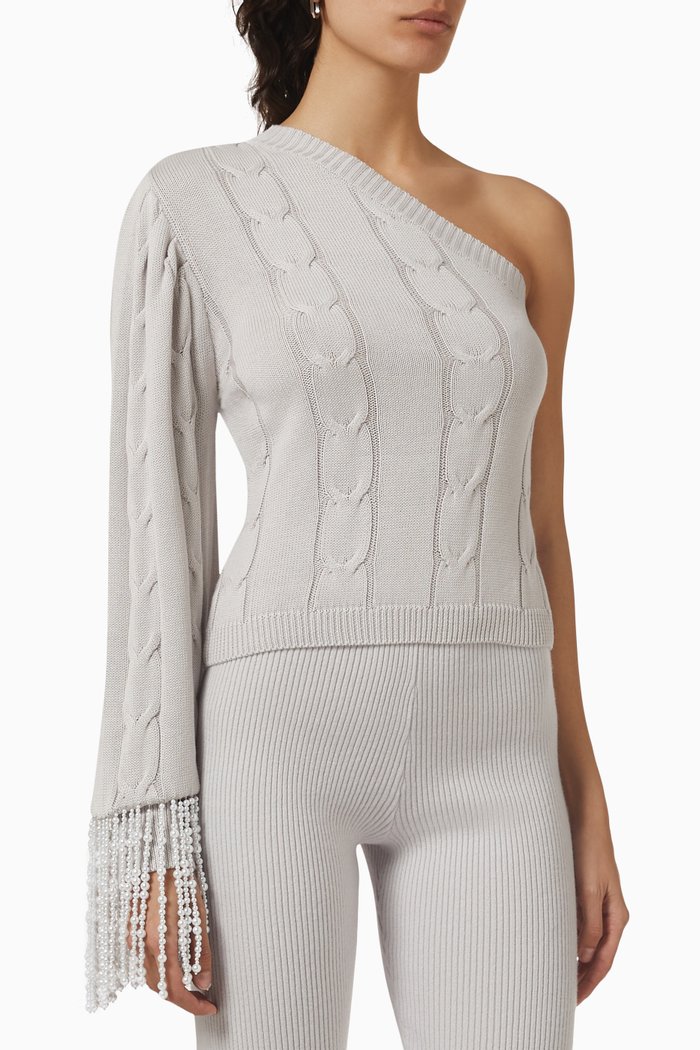 

One-shoulder Embellished Sweater in Merino Wool, Grey