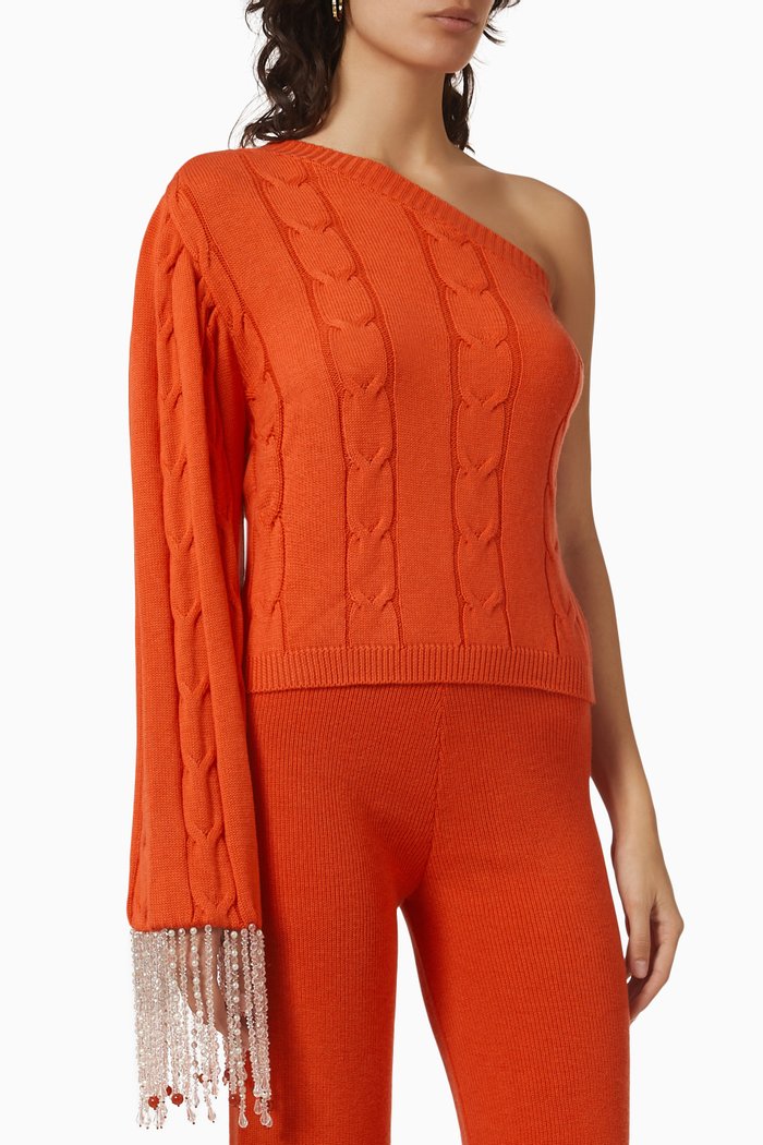 

One-shoulder Embellished Sweater in Merino Wool, Orange