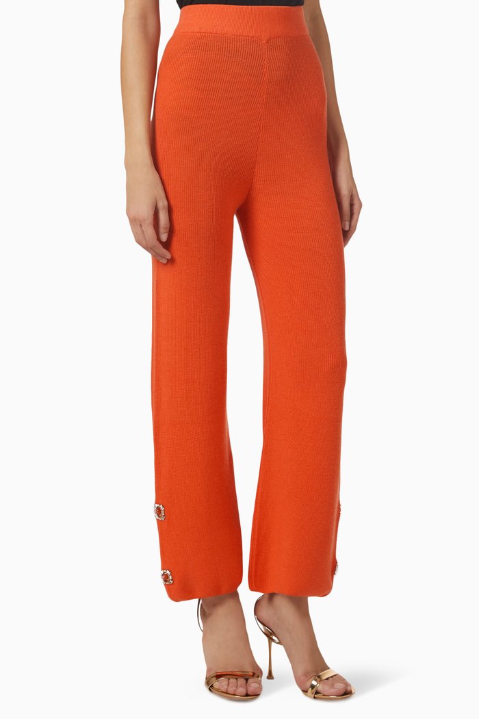 Embellished Wide-leg Pants in Merino Wool, Orange