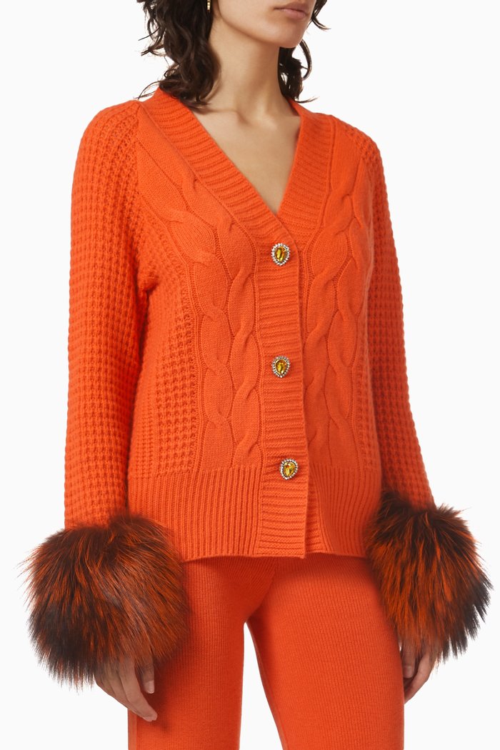 

Fox Fur-cuff Embellished Cardigan in Merino Wool, Orange