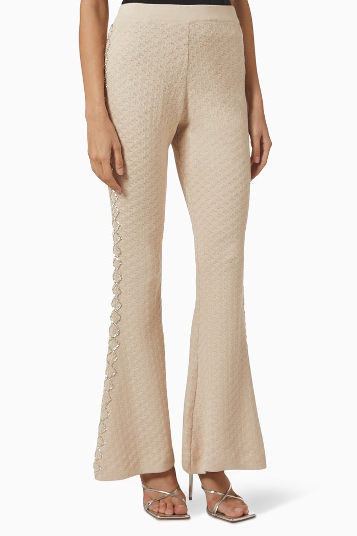 

Embellished Flared Pants in Cotton-knit, Neutral