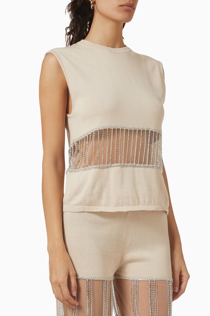 

Crystal-embellished Chain Sleeveless Top in Merino Wool, Neutral