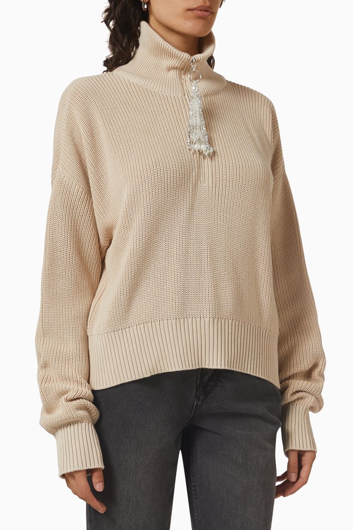 

Embellished-tassel Zip Sweater in Cotton-knit, Neutral