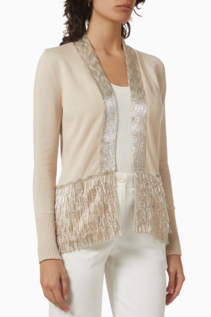 

Embellished-fringe Cardigan in Cotton-knit, Neutral
