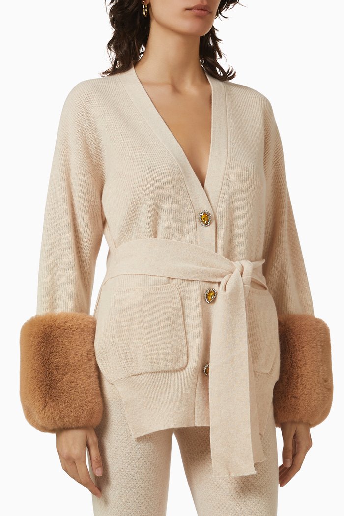 

Belted Cardigan in Merino Wool & Faux Fur, Neutral