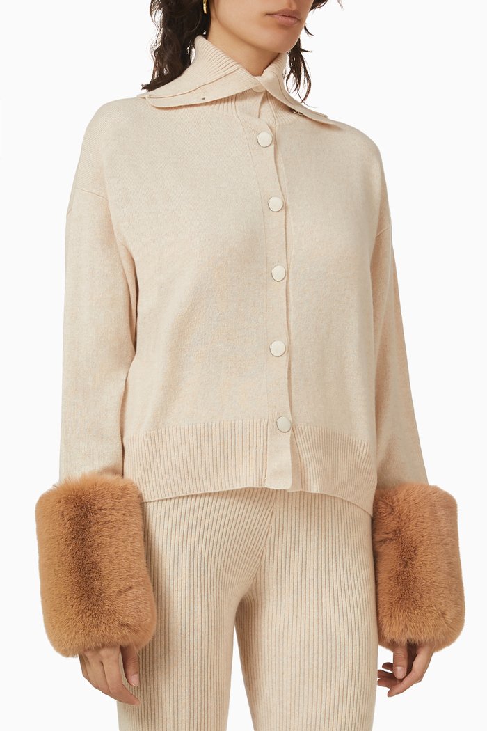 

Buttoned Cardigan in Merino Wool & Faux Fur, Neutral