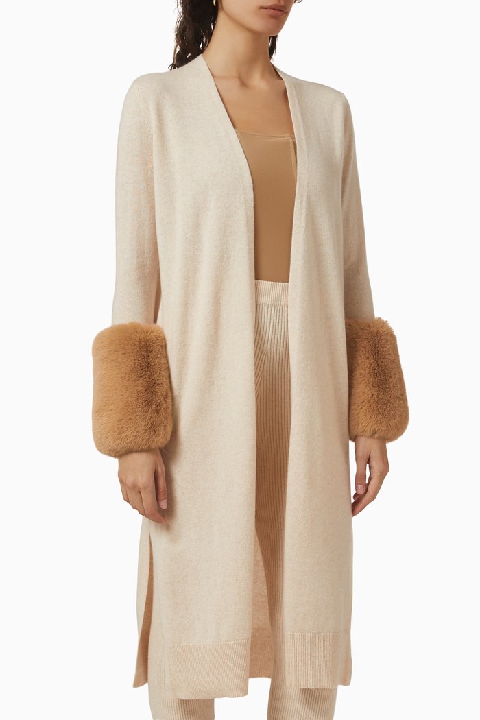 

Fur-cuff Long Cardigan in Merino Wool & Faux Fur, Neutral