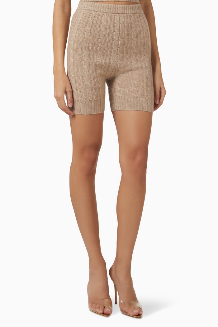 High-rise Cable-knit Biker Shorts in Merino Wool, Brown