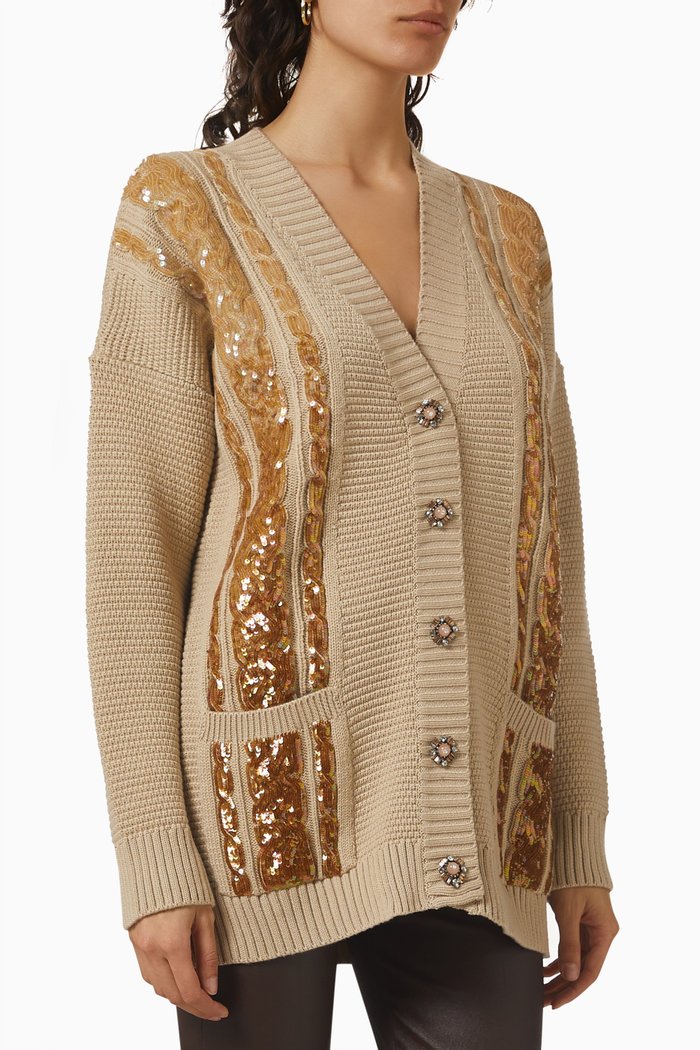 

Sequin-embellished Cable Cardigan in Merino Wool, Brown