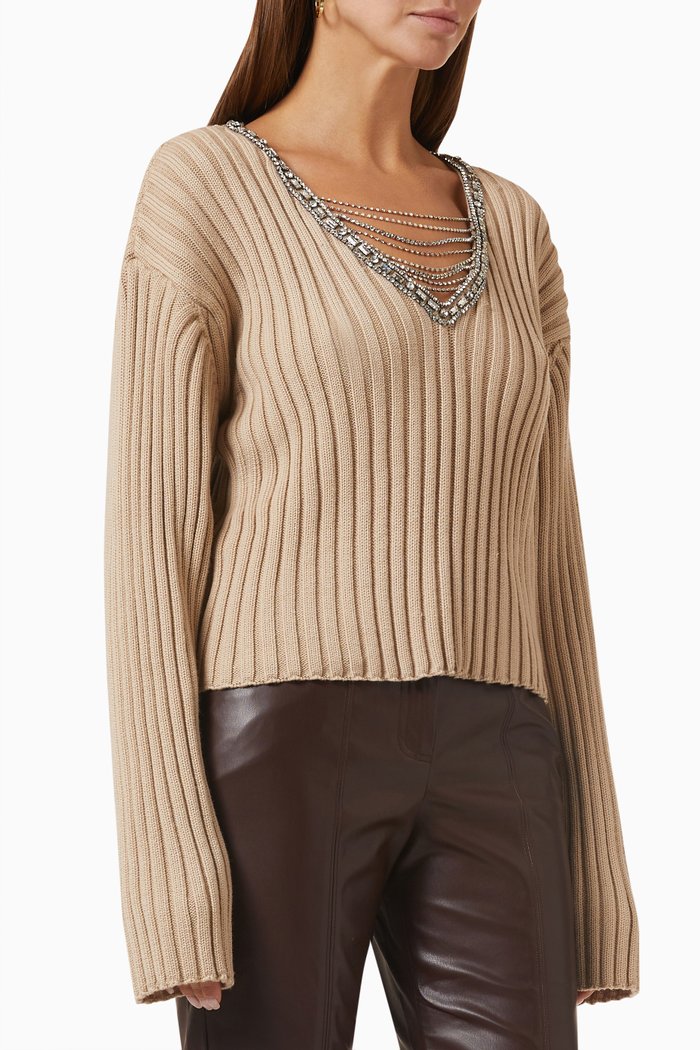

Embellished V-neck Sweater in Merino Wool, Brown