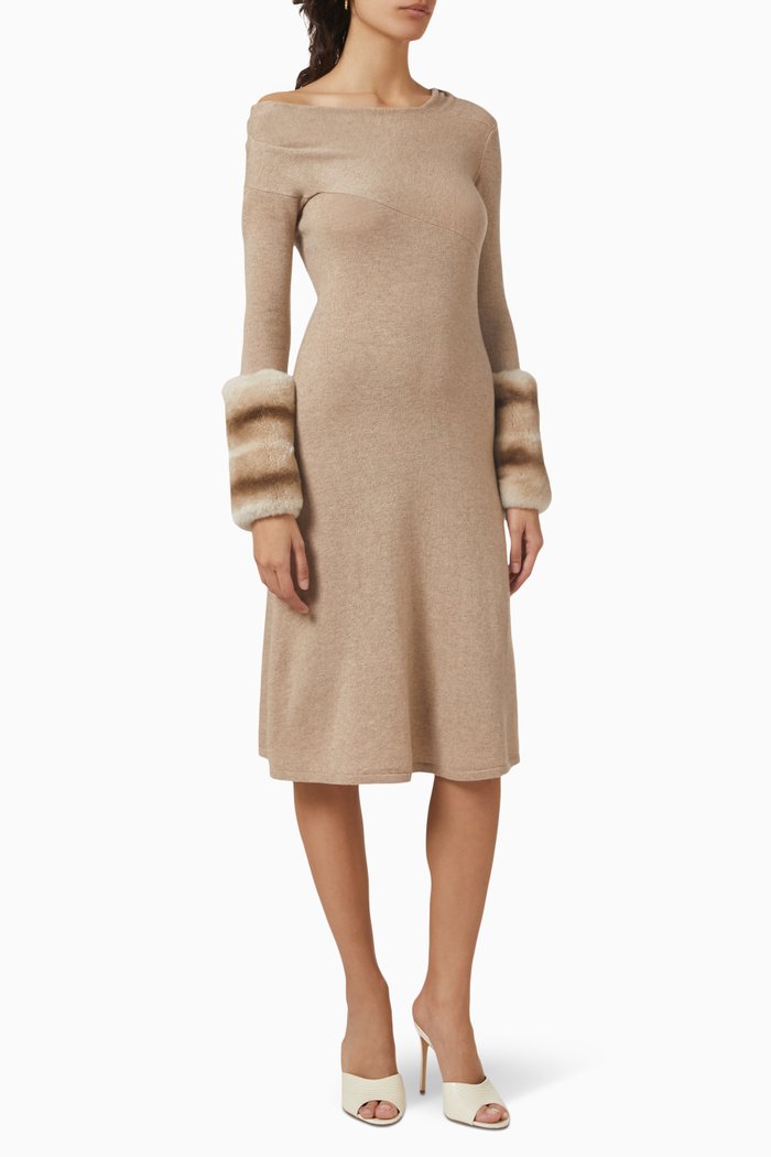 

Chinchilla-cuff Midi Dress in Merino Wool, Brown