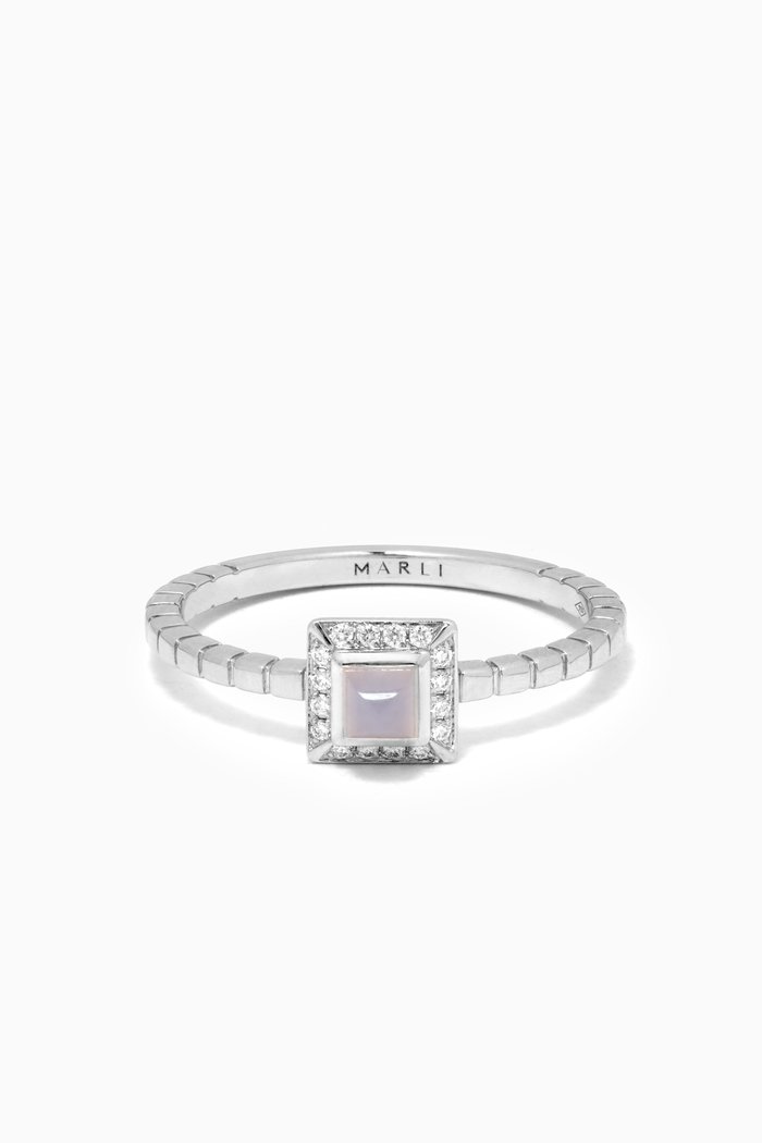 Cleo Lotus Chalcedony & Diamond Ring in 18kt White Gold, Silver