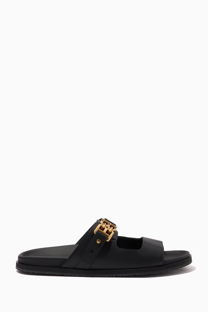 Emma B-chain Flat Sandals in Leather, Black