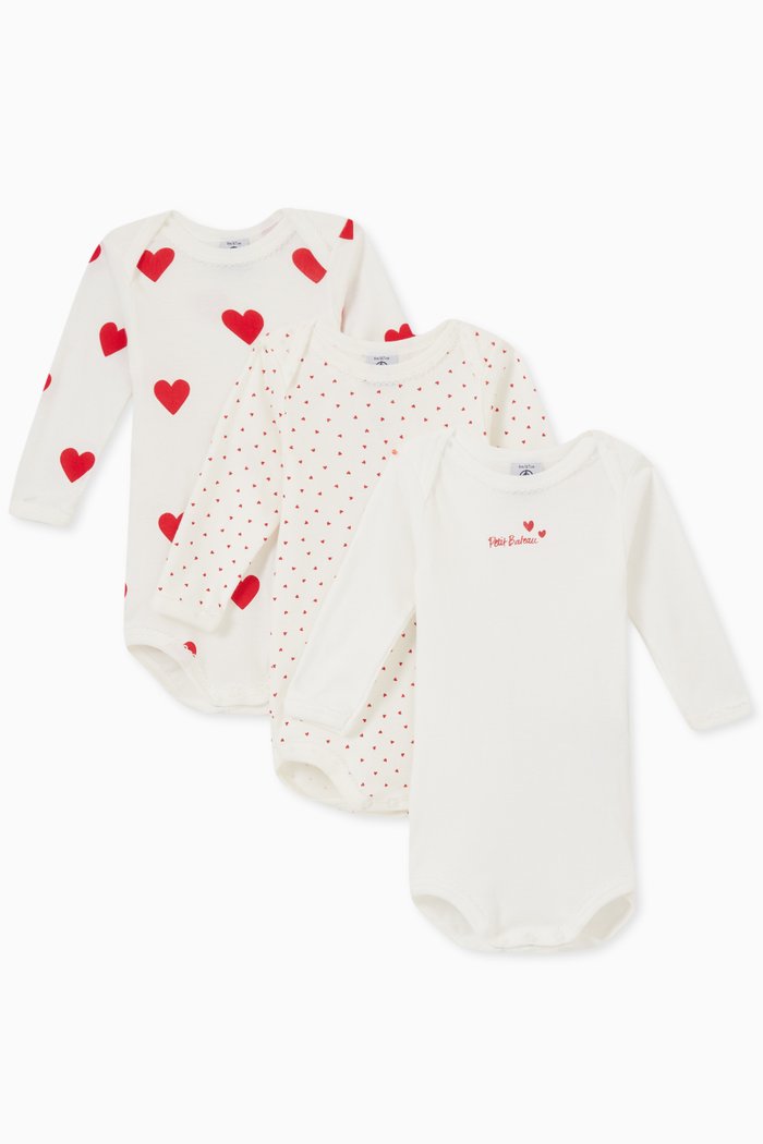 

Heart Bodysuit in Cotton, Set of 3, White