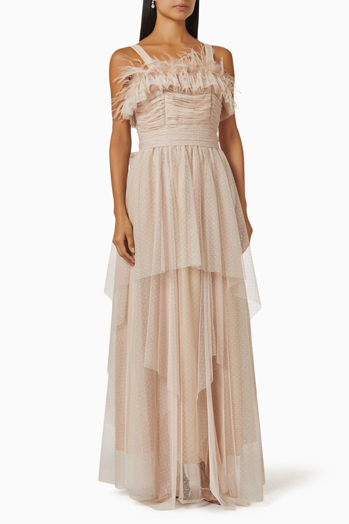 

Feather Trim Dress in Tulle, Neutral