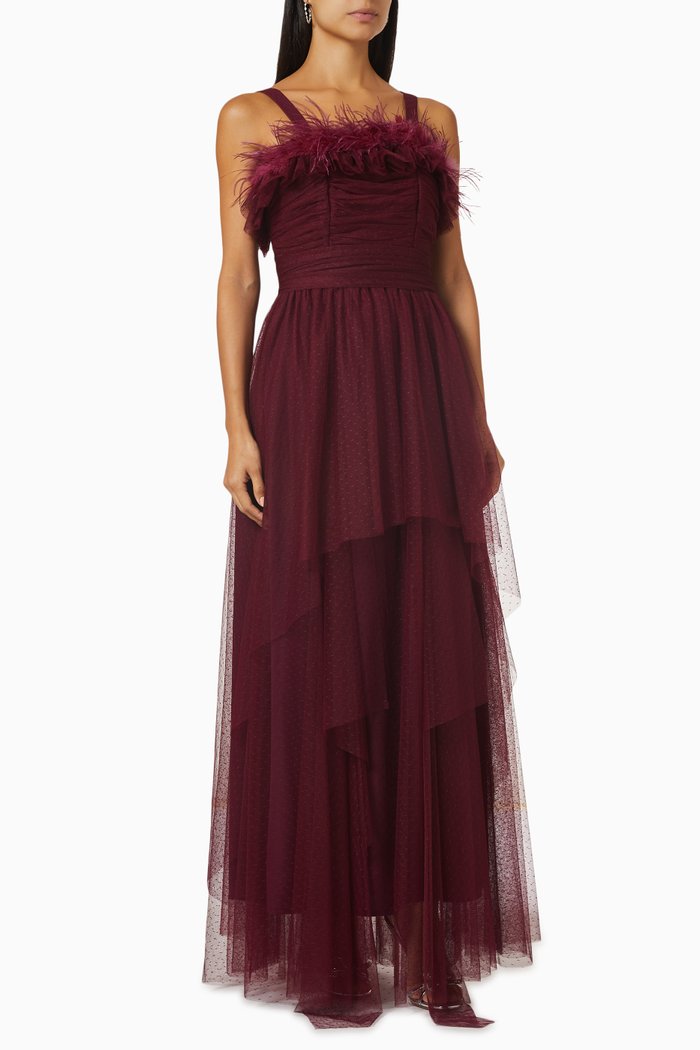 

Feather Trim Dress in Tulle, Purple