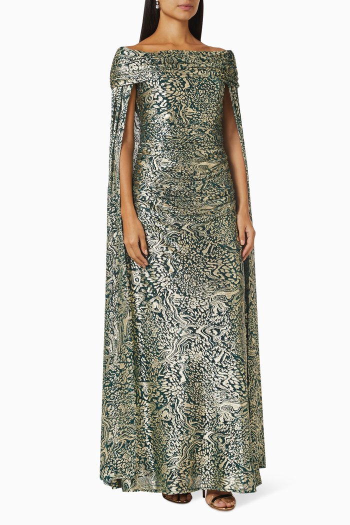 

Printed Off-shoulder Cape Dress, Green