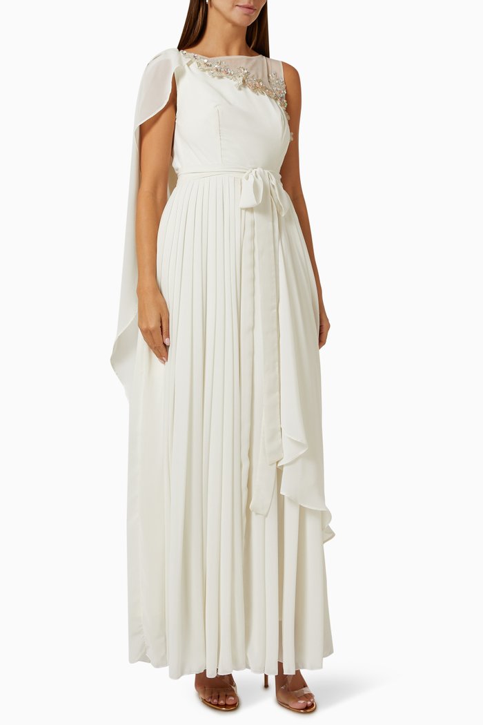 Embellished Asymmetrical Drape Maxi Dress, White