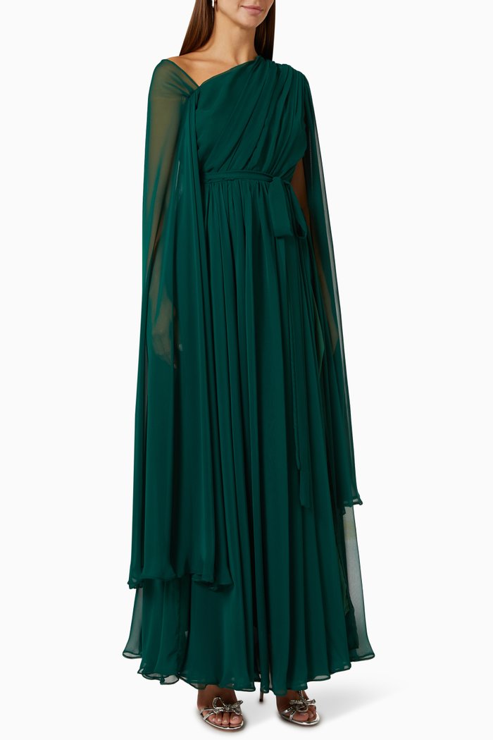 

Pleated Cape-style Maxi Dress, Green