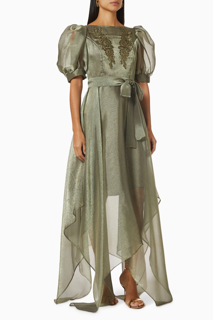 

Embroidered Puffed-sleeves Maxi Dress, Green