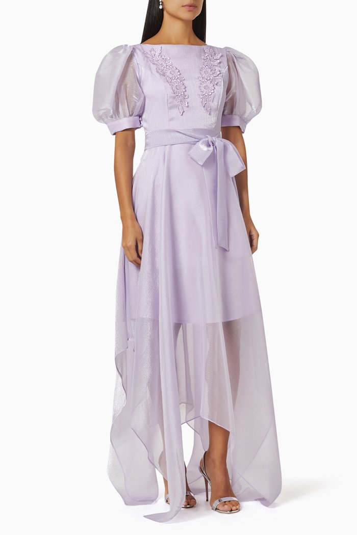 

Embroidered Puffed-sleeves Maxi Dress, Purple
