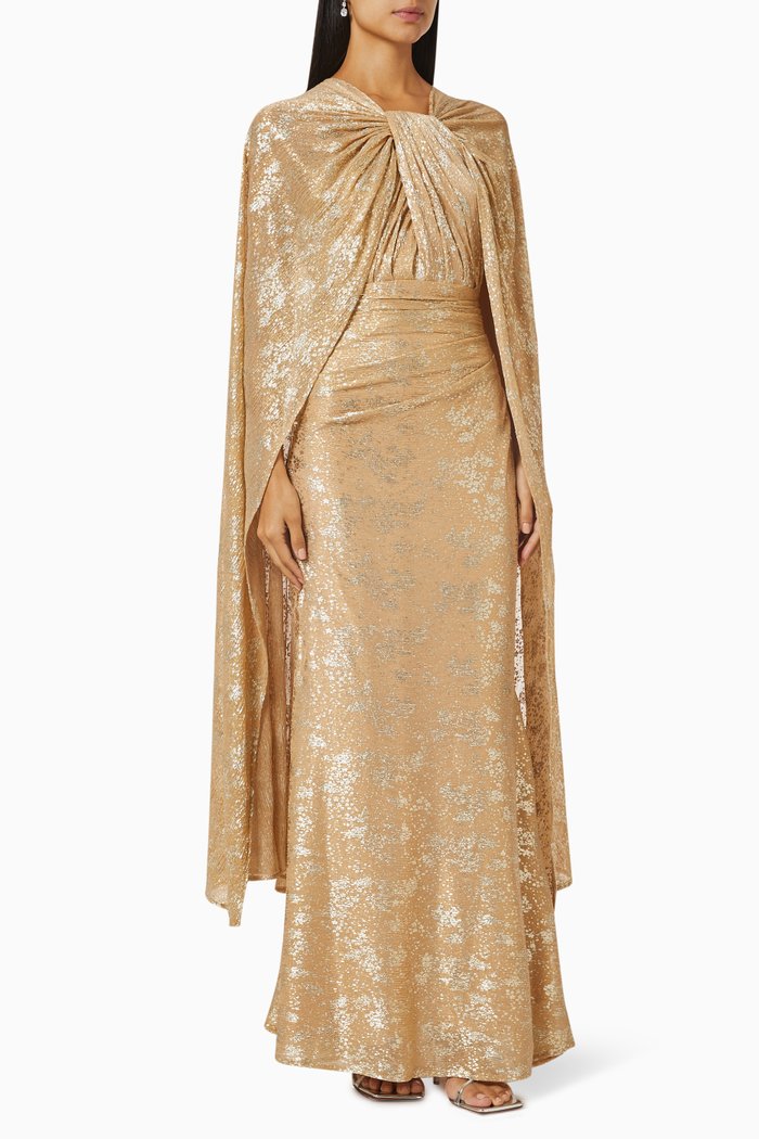 Twist-detail Cape Maxi Dress, Gold