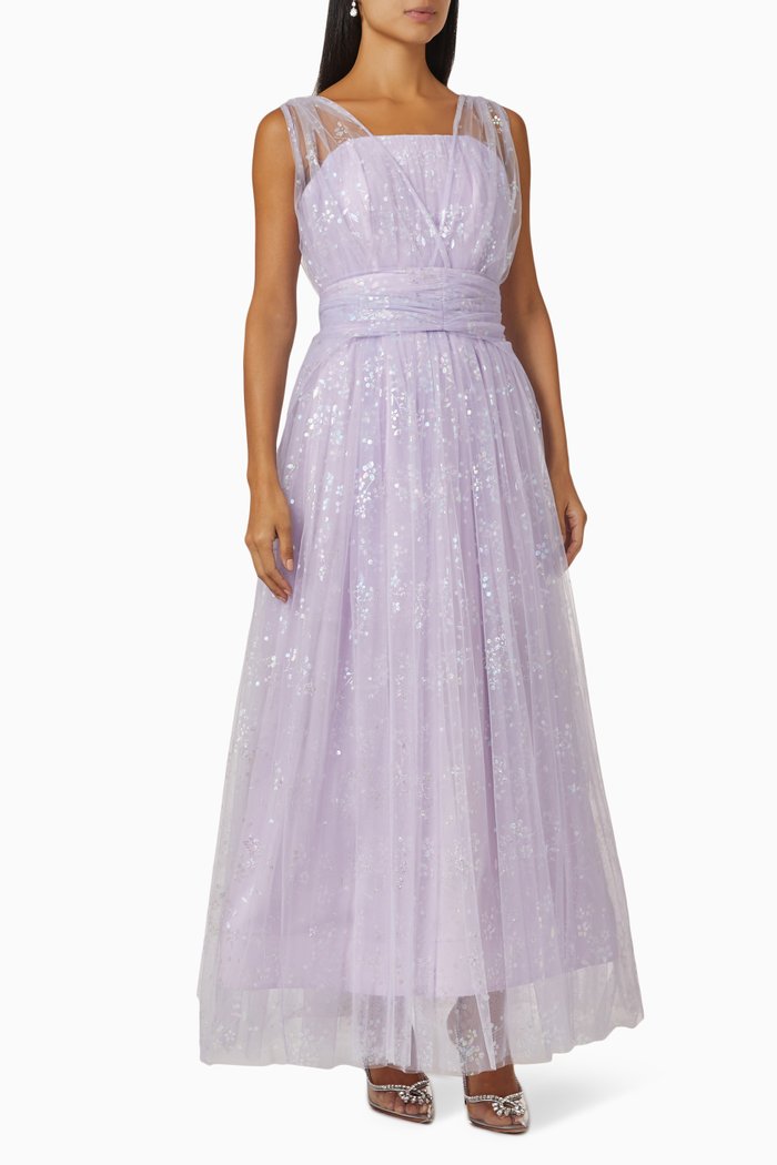 Sleeveless Maxi Dress in Tulle, Purple