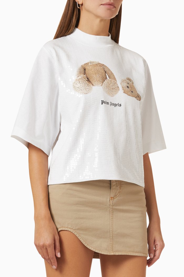 Sequinned Logo T-shirt in Cotton, White