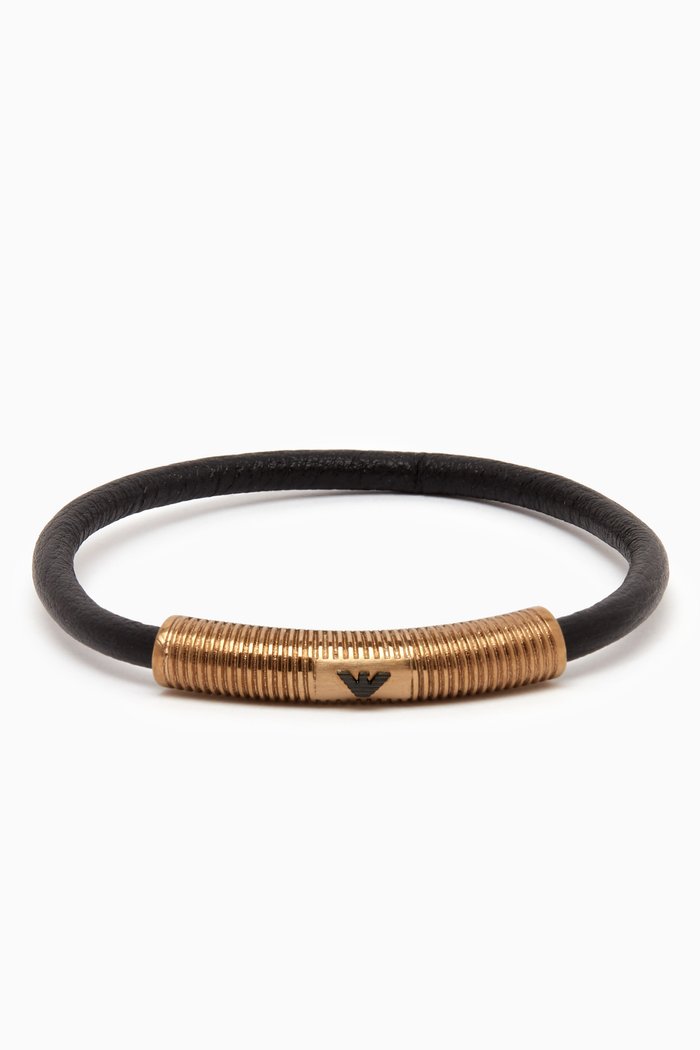 

Logo Bracelet in Leather & Stainless Steel, Gold