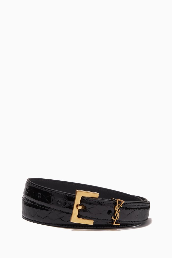 

Cassandre Square Buckle Thin Belt in Python-embossed Leather, Black