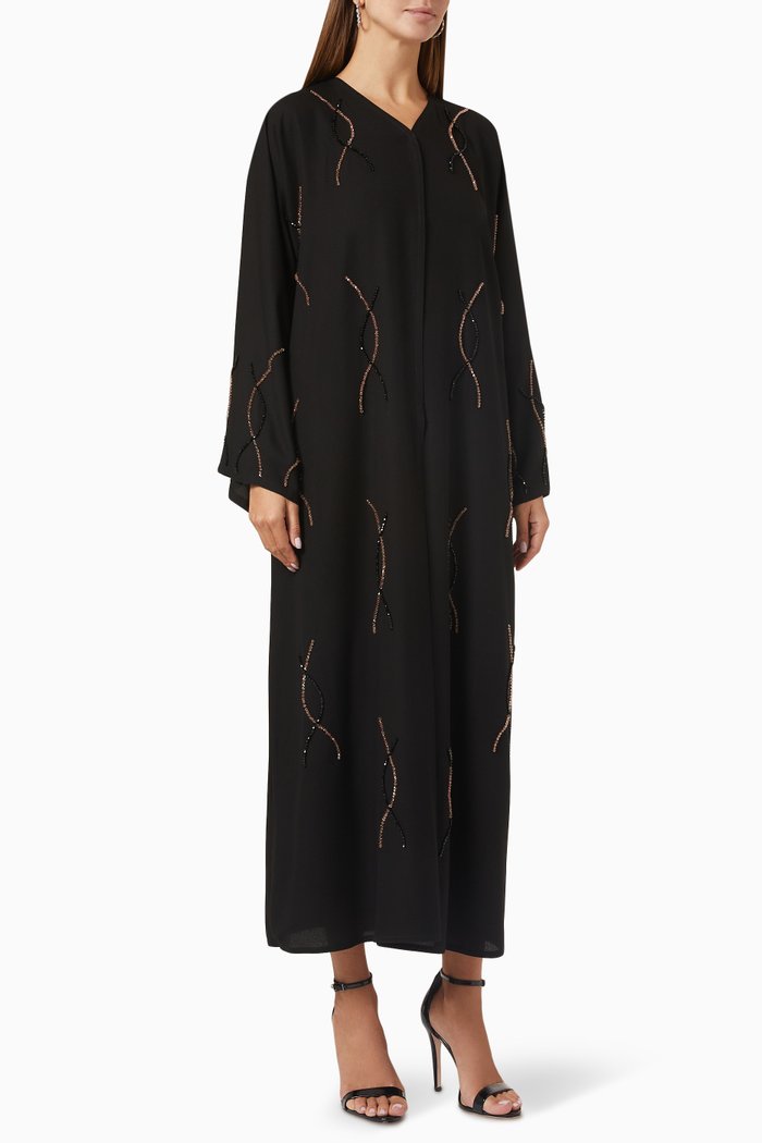 

Bead-embellished Long Sleeve Abaya, Black