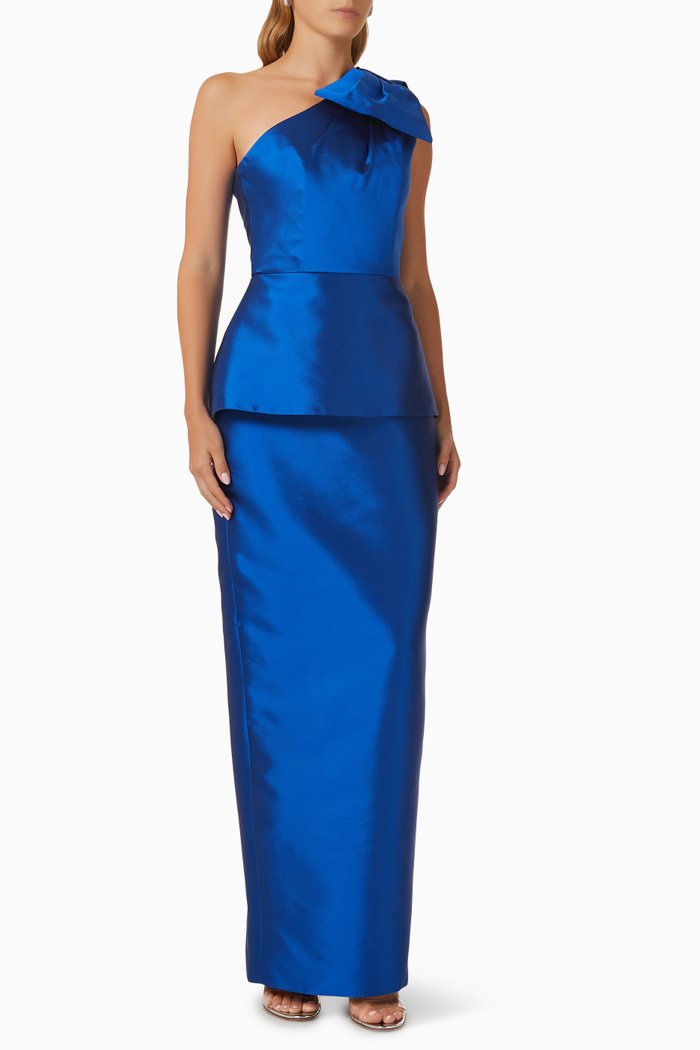 Cristina One-shoulder Column Gown in Silk & Wool, Blue
