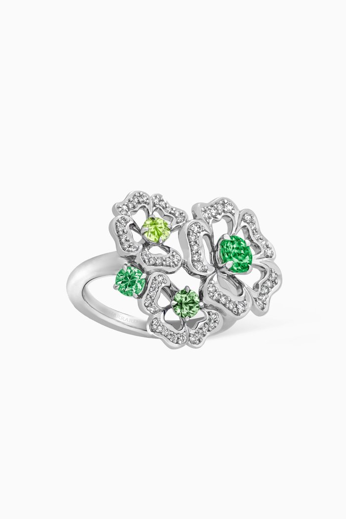 Tudor Rose Petal Diamond & Multi-stone Ring in 18kt White Gold, Green