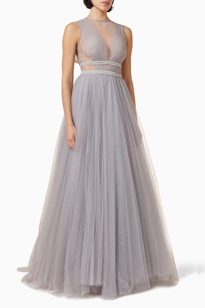 

Illusion Plunge Neck Gown in Tulle, Silver