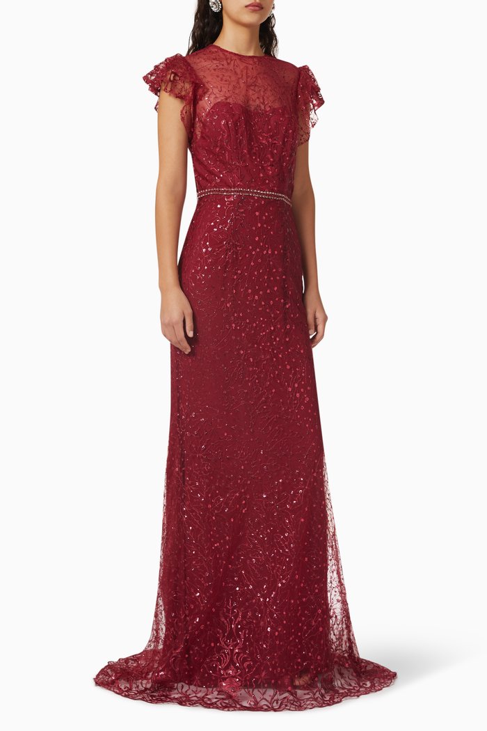 

Illusion High Neck Ruffle Maxi Dress in Organza, Red