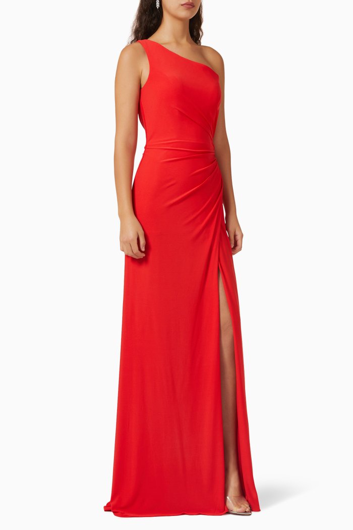 

Ruched One-shoulder Maxi Dress in Jersey, Red